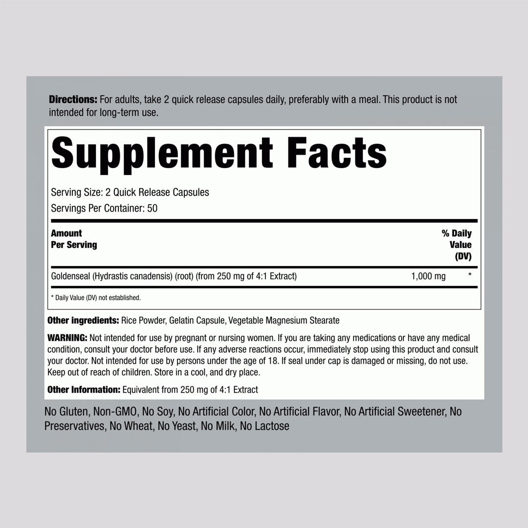 Piping Rock Goldenseal Root 1000 mg Supplement Facts