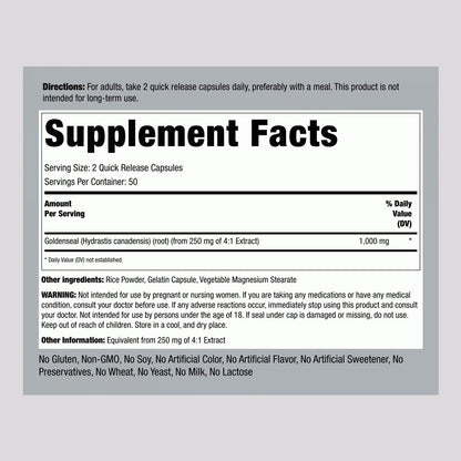 Piping Rock Goldenseal Root 1000 mg Supplement Facts