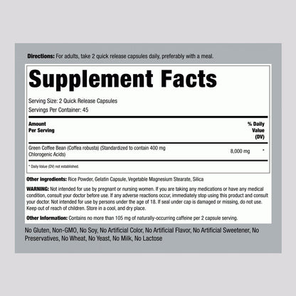 Piping Rock Green Coffee Bean Extract 400 mg Supplement Facts