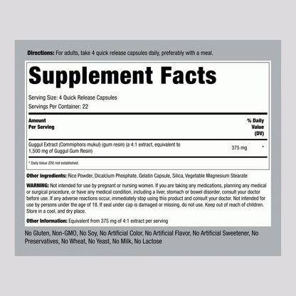 Piping Rock Guggul Extract 1500mg Supplement Facts