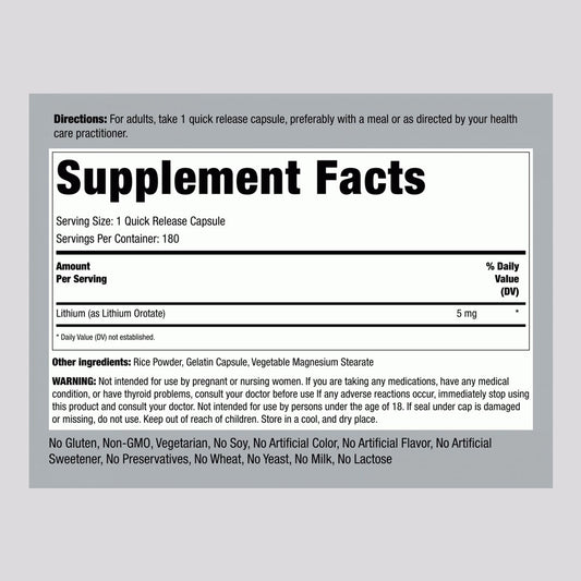 Piping Rock Lithium Orotate 5mg Supplement Facts