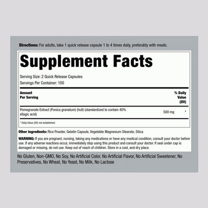 Piping Rock Pomegranate Extract Standardized 500mg Supplement Facts