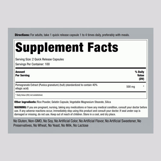 Piping Rock Pomegranate Extract Standardized 500mg Supplement Facts