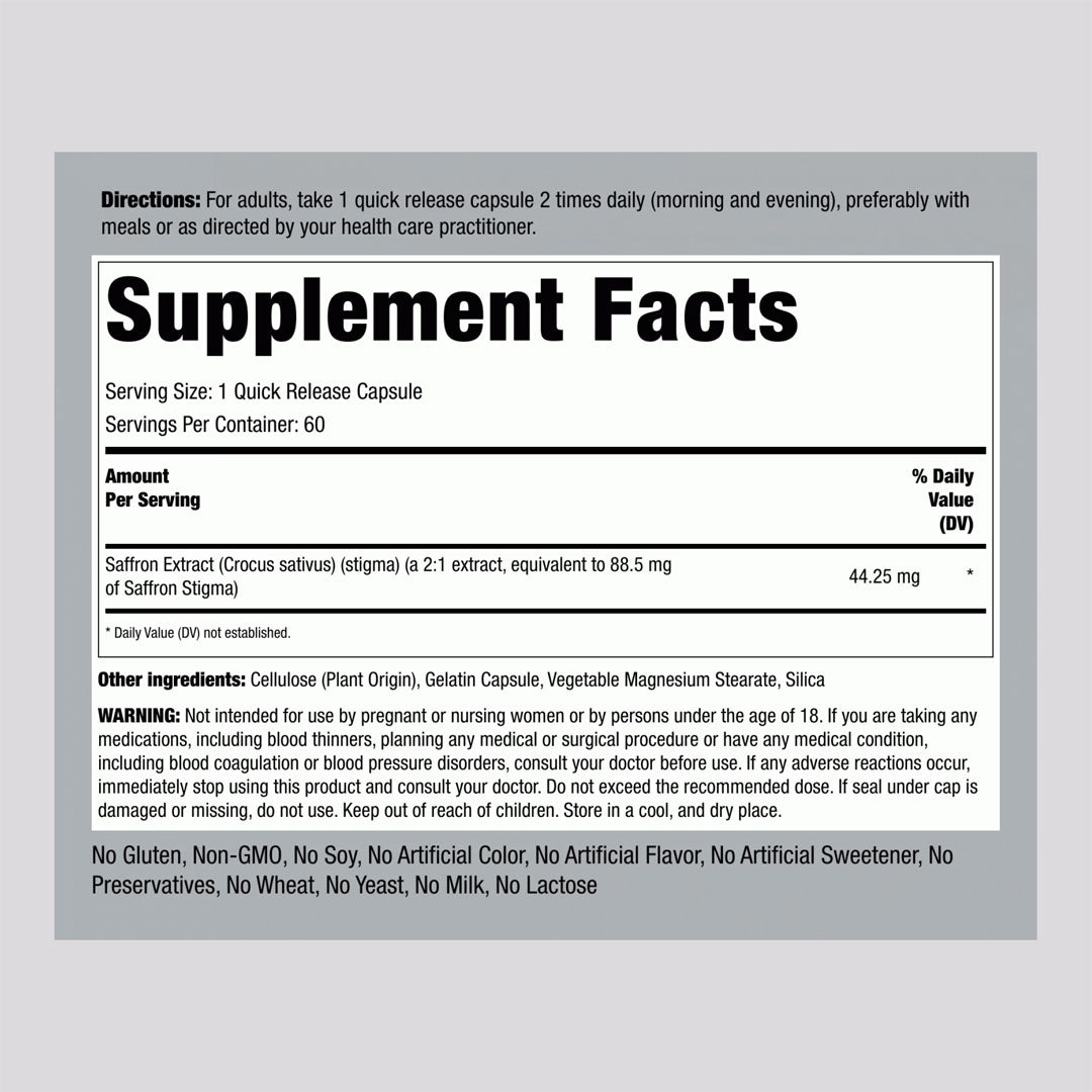 Piping Rock Saffron Extract Supplement Facts