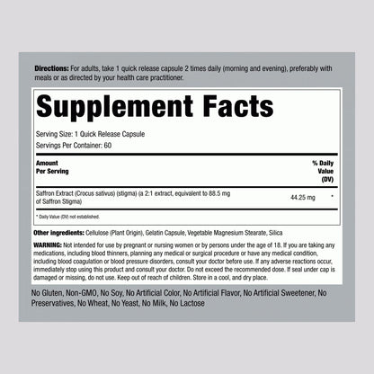 Piping Rock Saffron Extract Supplement Facts