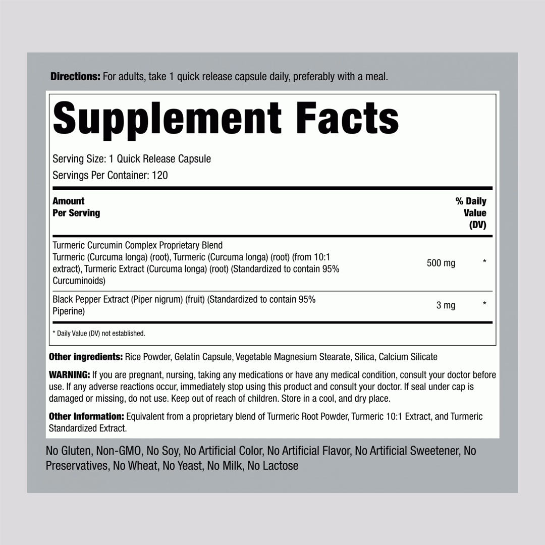 Piping Rock Turmeric Curcumin 500mg Supplement Facts