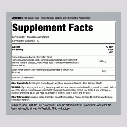 Piping Rock Turmeric Curcumin 500mg Supplement Facts
