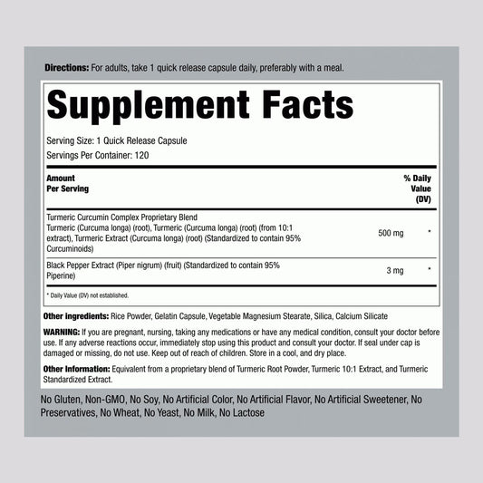 Piping Rock Turmeric Curcumin 500mg Supplement Facts