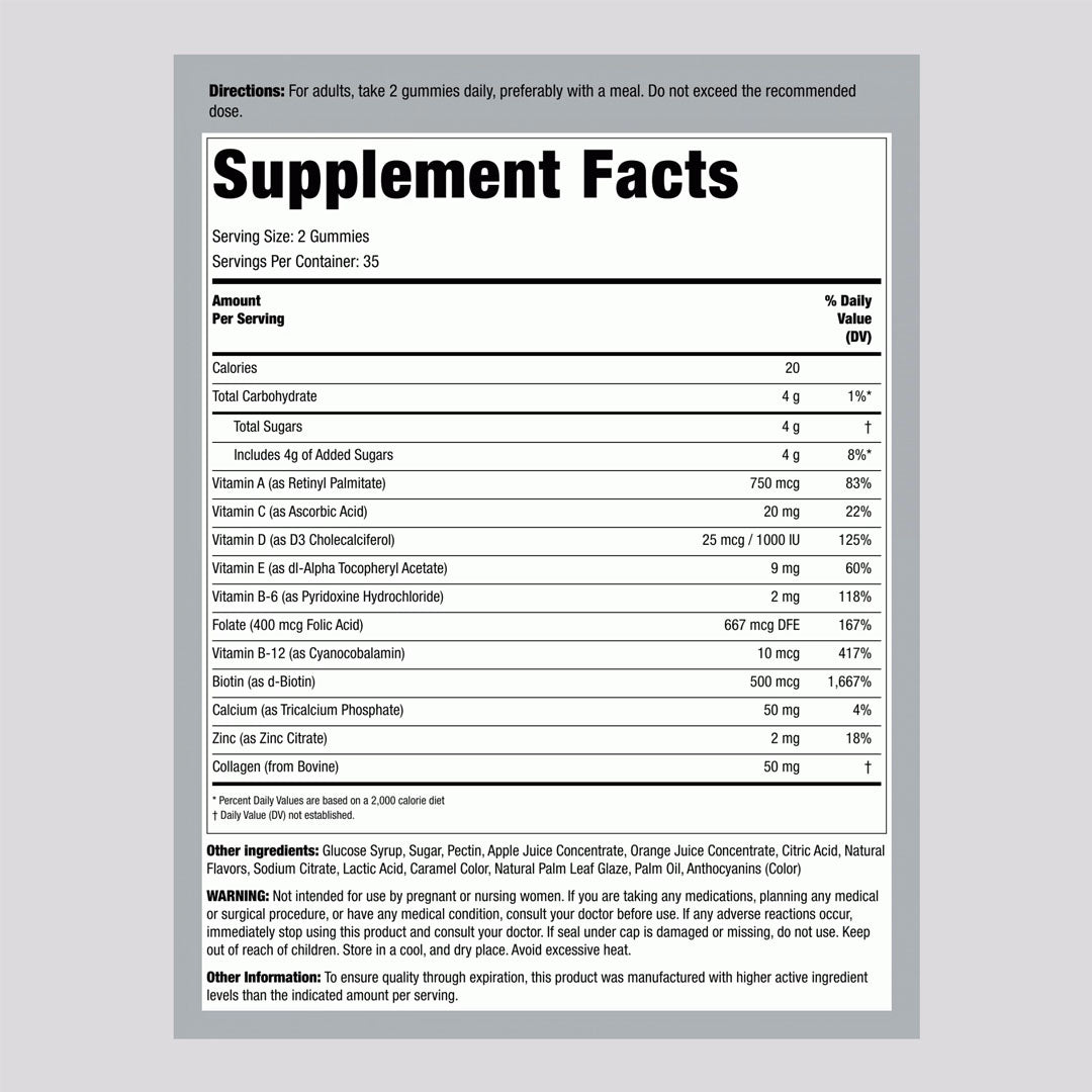 Piping Rock Women's Multivitamin + Collagen Gummies Supplement Facts
