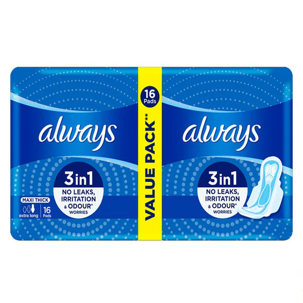 Always 3-in-1 Maxi Thick (Extra Long) Sanitary Pads, 16 Ct - My Vitamin Store