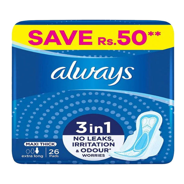 Always 3-in-1 Maxi Thick (Extra Long) Sanitary Pads, 26 Ct - My Vitamin Store