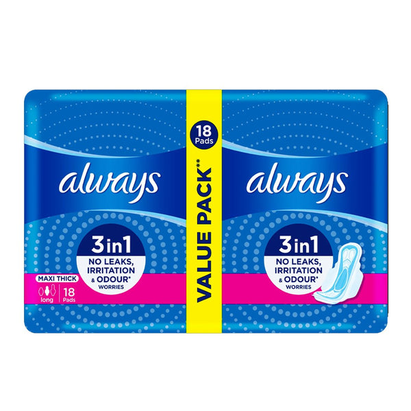 Always 3-in-1 Maxi Thick (Long) Sanitary Pads Value Pack, 18 Ct - My Vitamin Store