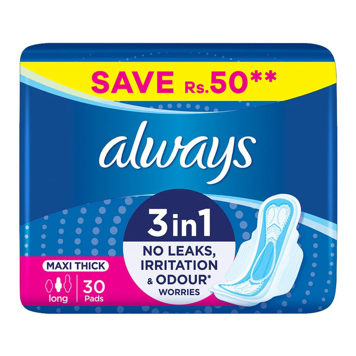 Always 3-in-1 Maxi Thick (Long) Sanitary Pads Value Pack, 30 Ct - My Vitamin Store