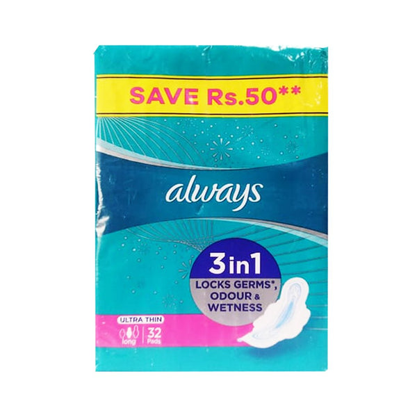 Always 3-in-1 Ultra Thin (Long) Sanitary Pads, 32 Ct - My Vitamin Store
